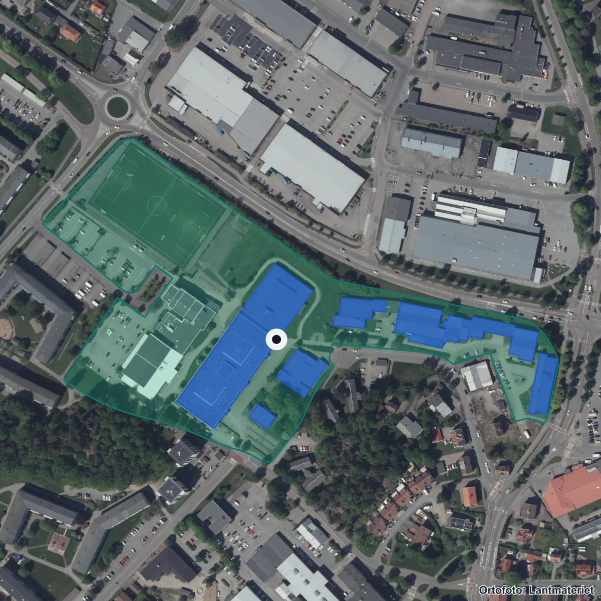 Aerial view of Alströmergymnasiet, orthophoto from Lantmäteriet