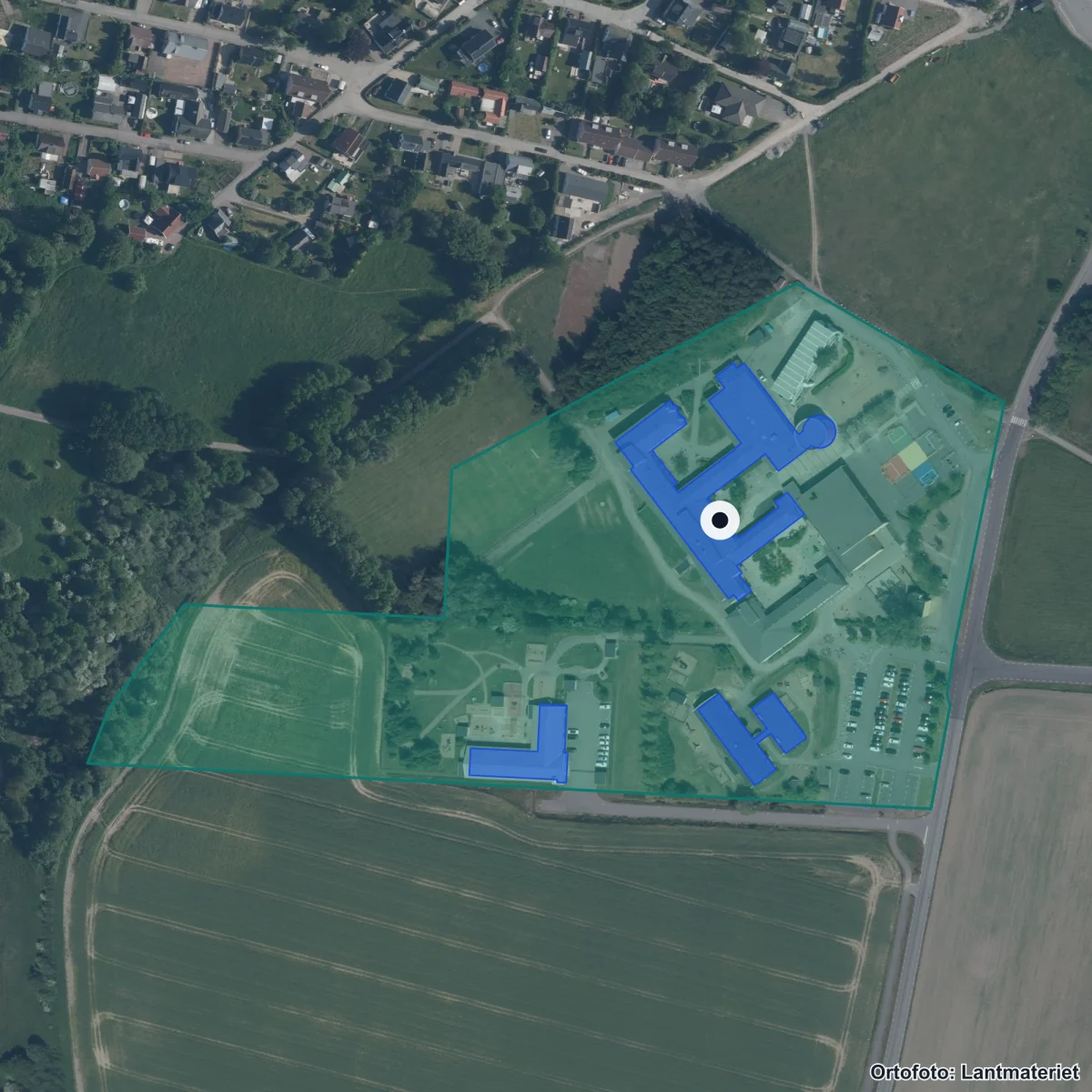 Aerial view of Ekeby skola, orthophoto from Lantmäteriet