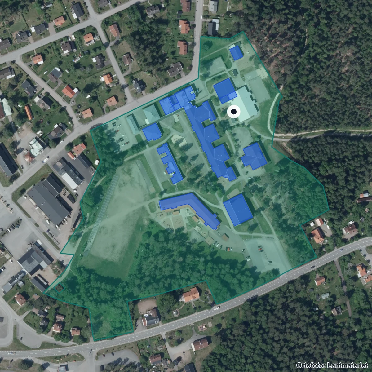 Flygbild över Ydreskolan, ortofoto från Lantmäteriet