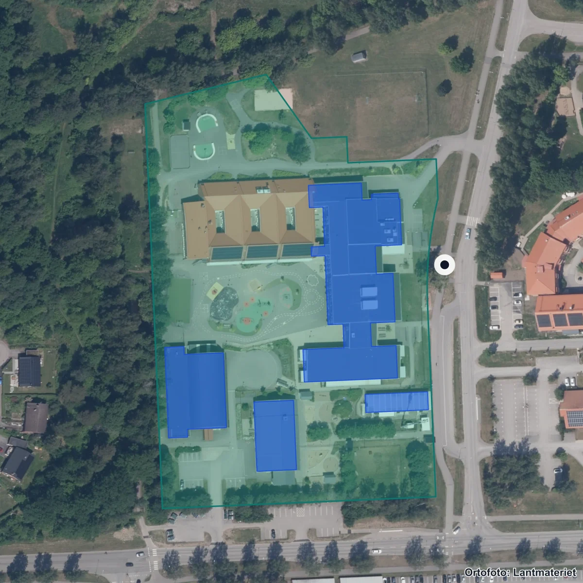 Flygbild över Mariebergskolan, ortofoto från Lantmäteriet