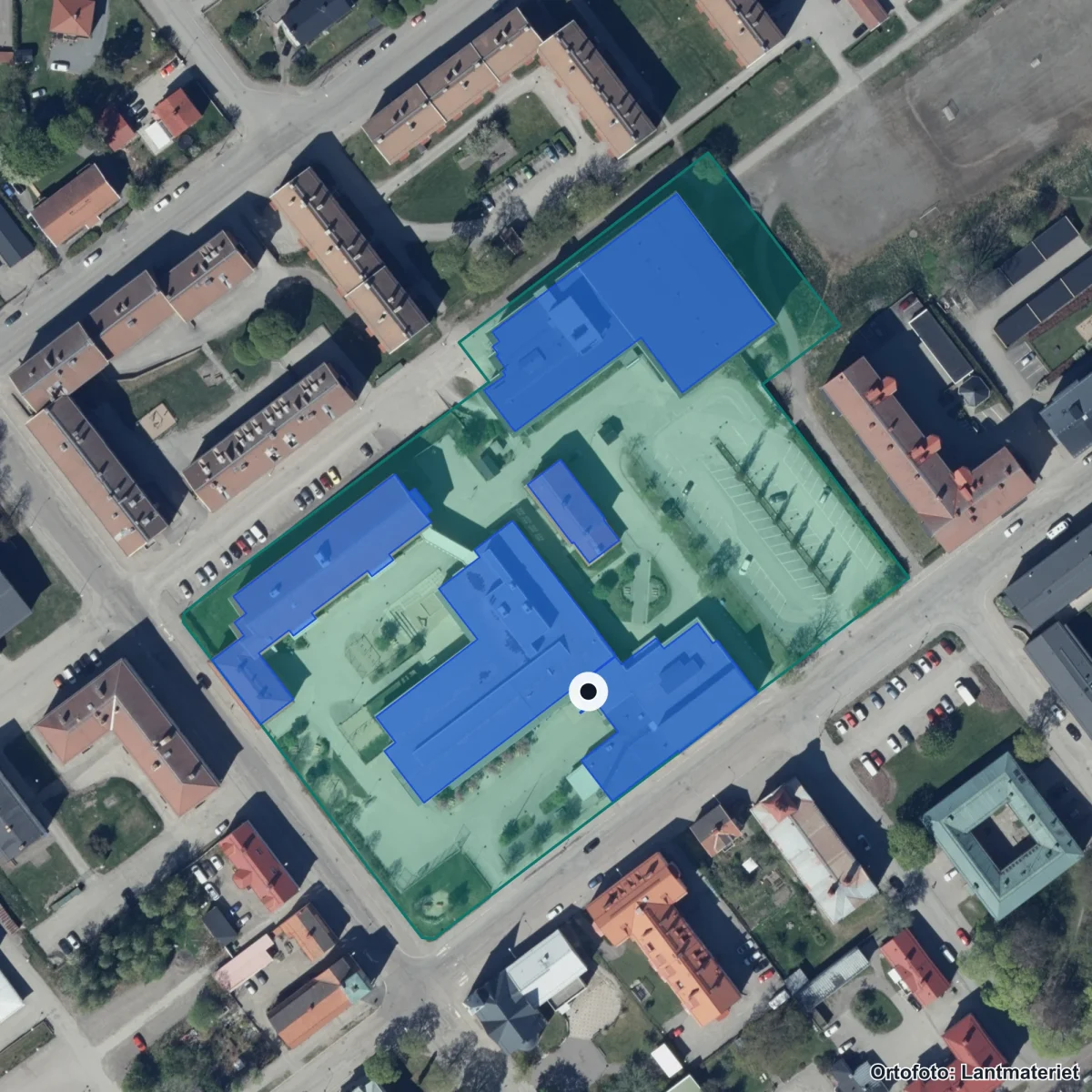 Aerial view of Norrtullskolan, orthophoto from Lantmäteriet