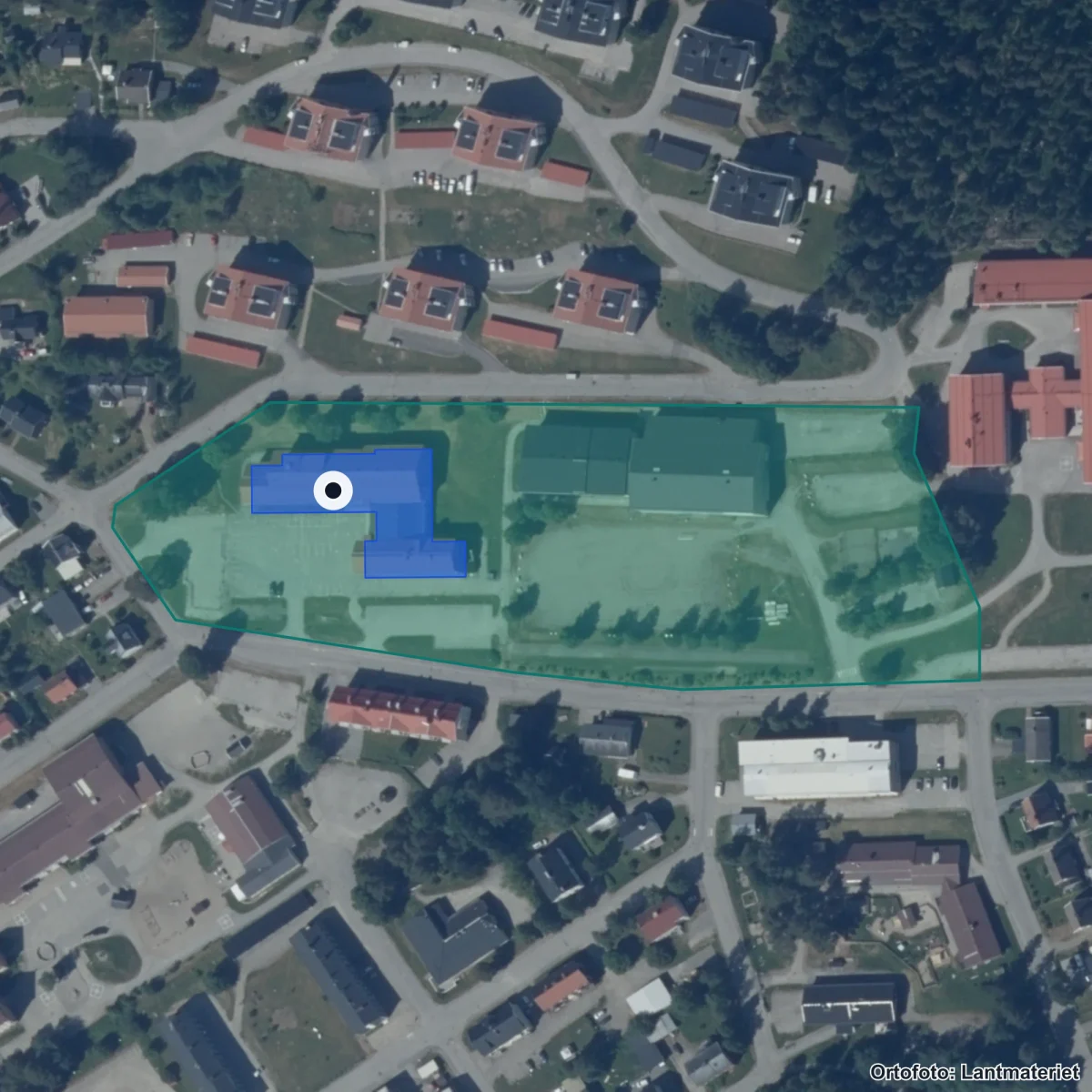 Aerial view of Malgomajskolan, orthophoto from Lantmäteriet