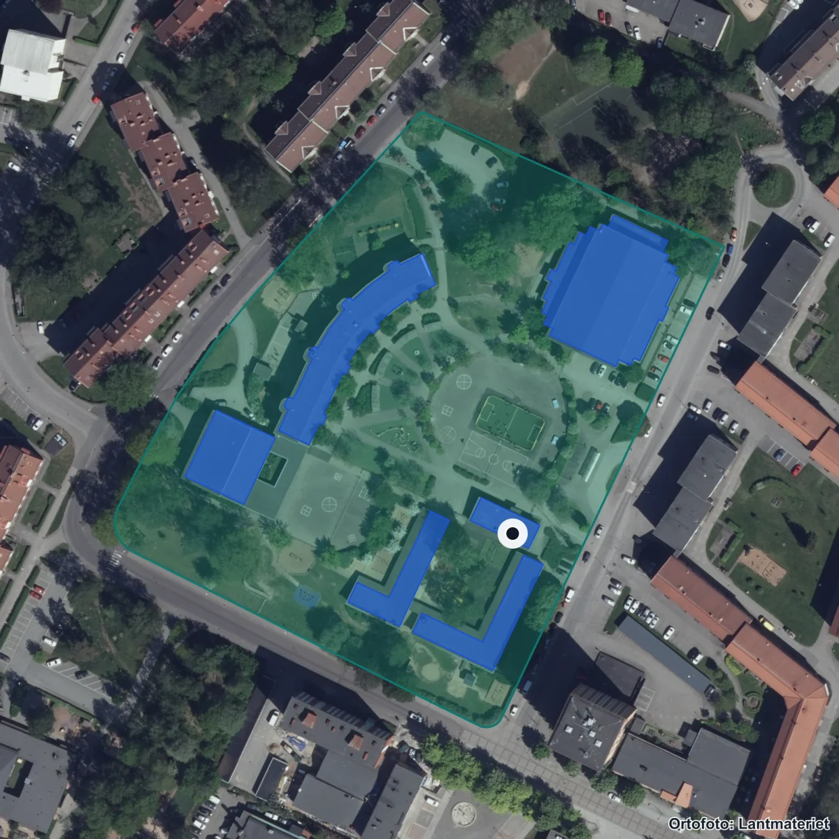 Flygbild över Sjöboskolan, ortofoto från Lantmäteriet