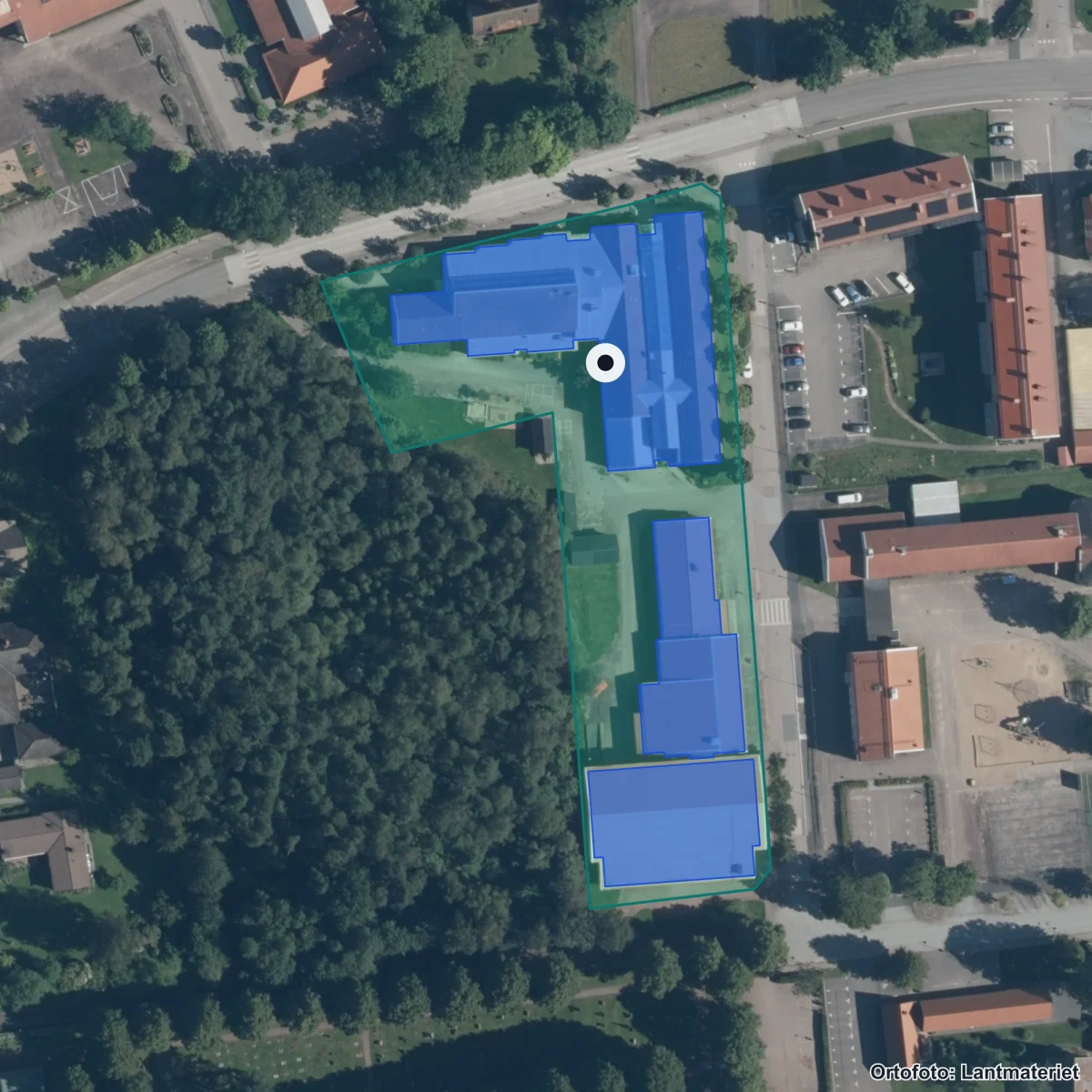 Flygbild över Örkelljunga utbildningscentrum, ortofoto från Lantmäteriet