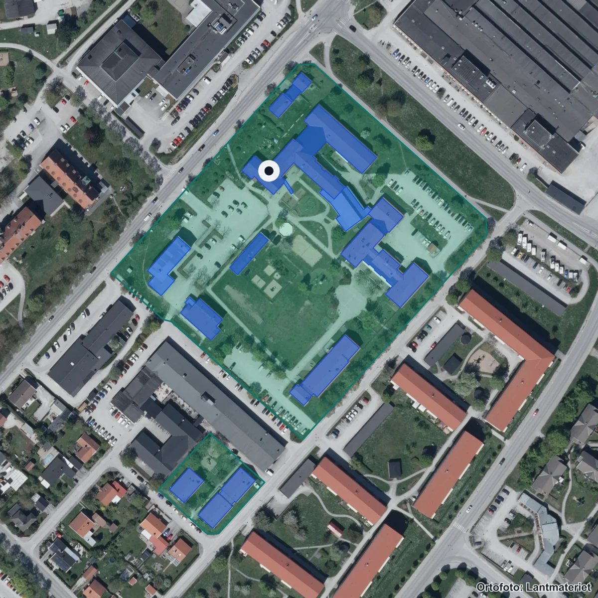 Aerial view of Polhemsskolan, orthophoto from Lantmäteriet