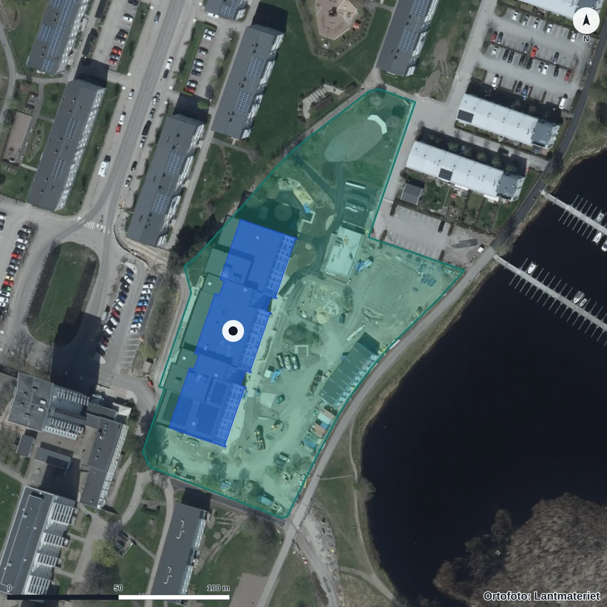 Flygbild över Resursskola Orrholmen, ortofoto från Lantmäteriet
