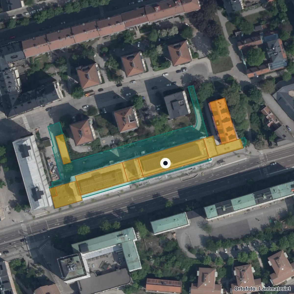 Flygbild över Skolslussen, ortofoto från Lantmäteriet