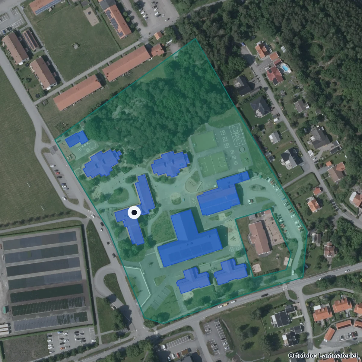 Flygbild över Frillesåsskolan, ortofoto från Lantmäteriet