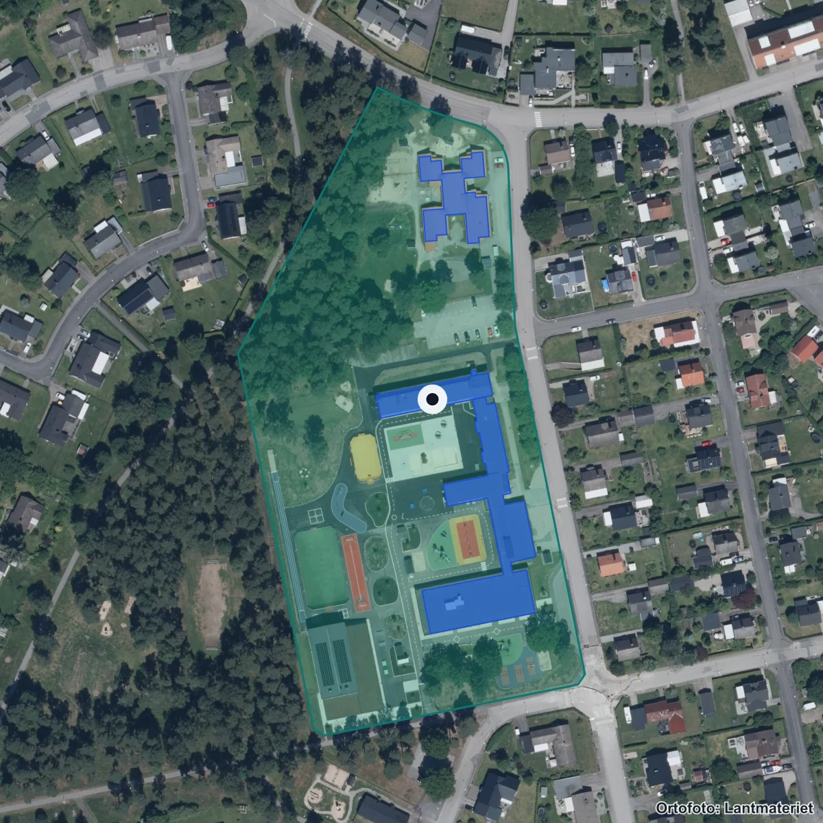 Flygbild över Kungshögskolan, ortofoto från Lantmäteriet