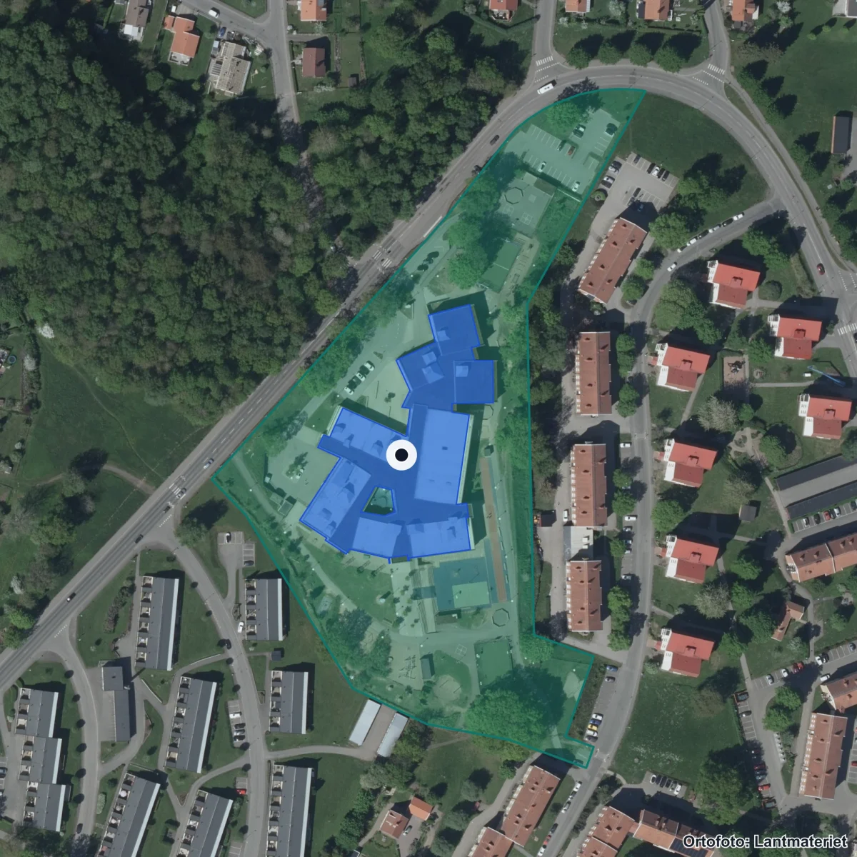 Flygbild över Billingskolan, ortofoto från Lantmäteriet