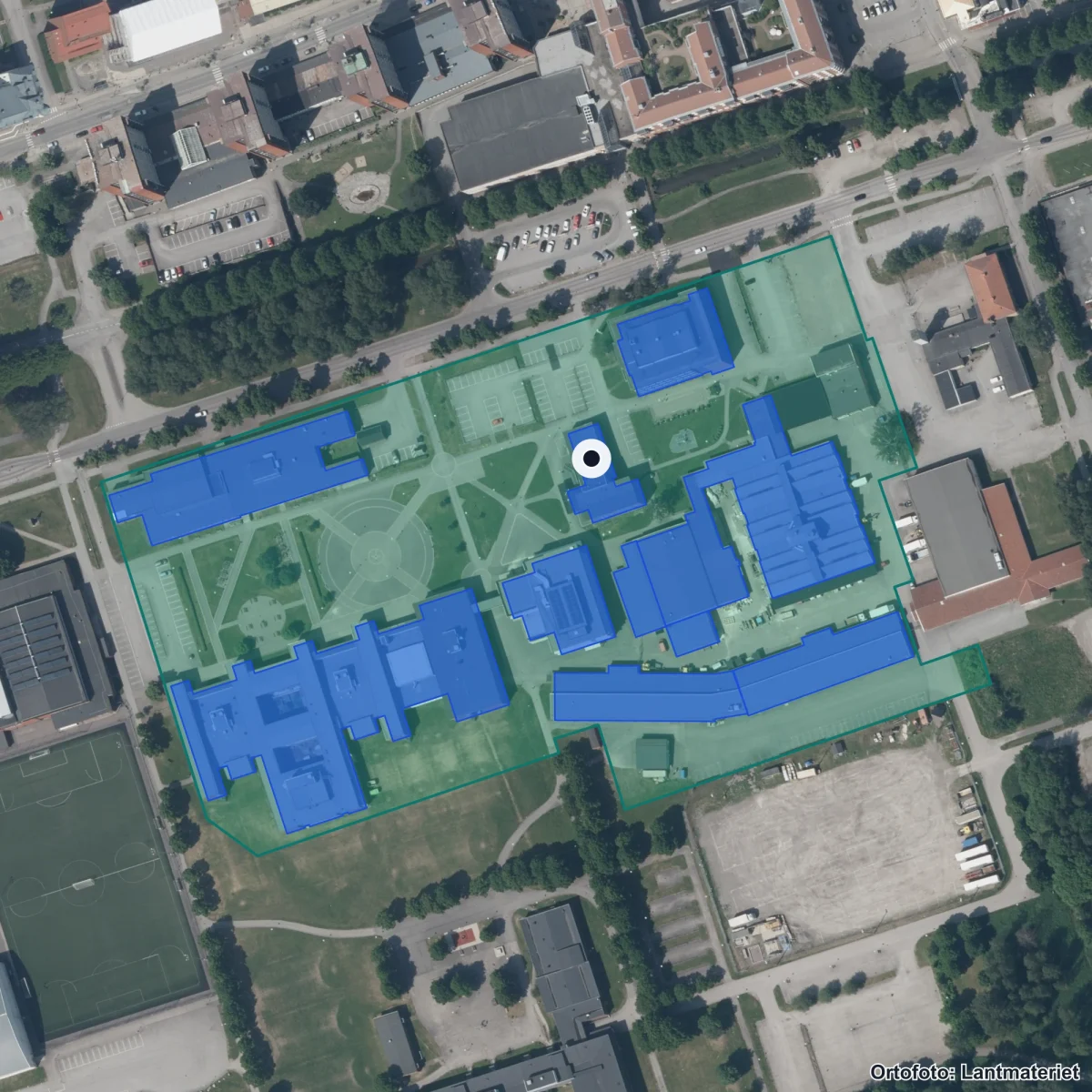 Flygbild över Alléskolan, ortofoto från Lantmäteriet