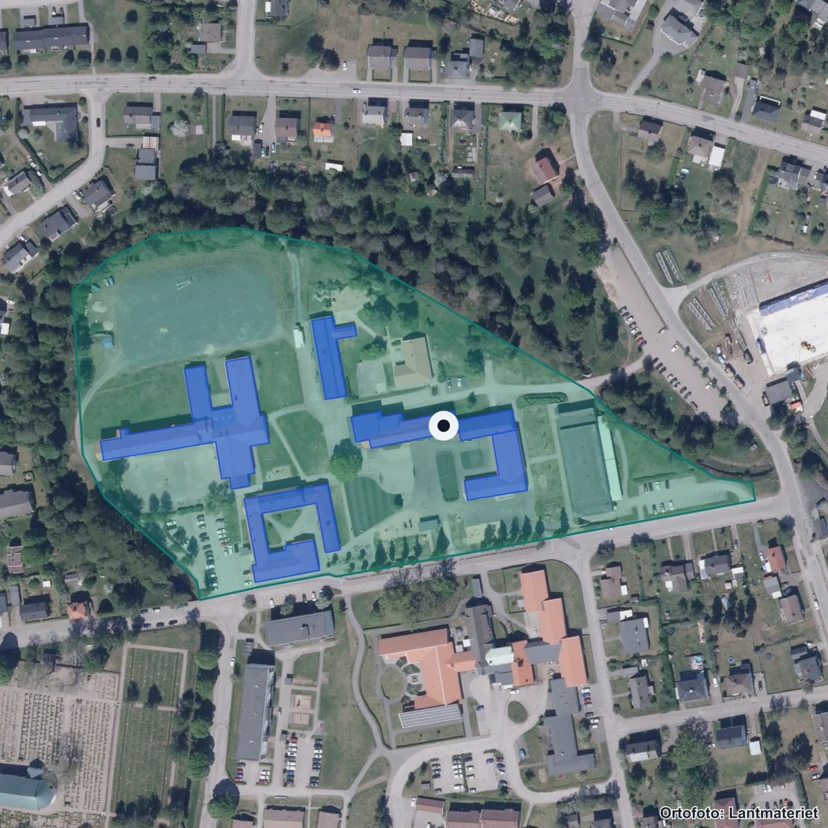 Aerial view of Åsedaskolan, orthophoto from Lantmäteriet