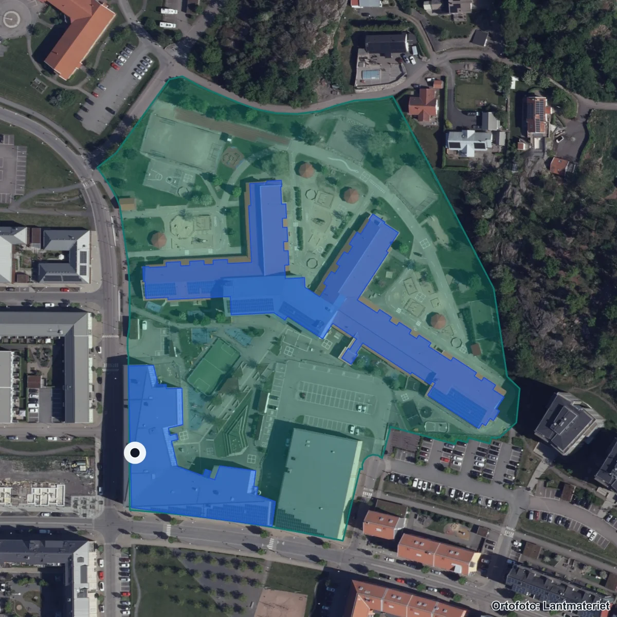 Flygbild över Kollaskolan, ortofoto från Lantmäteriet