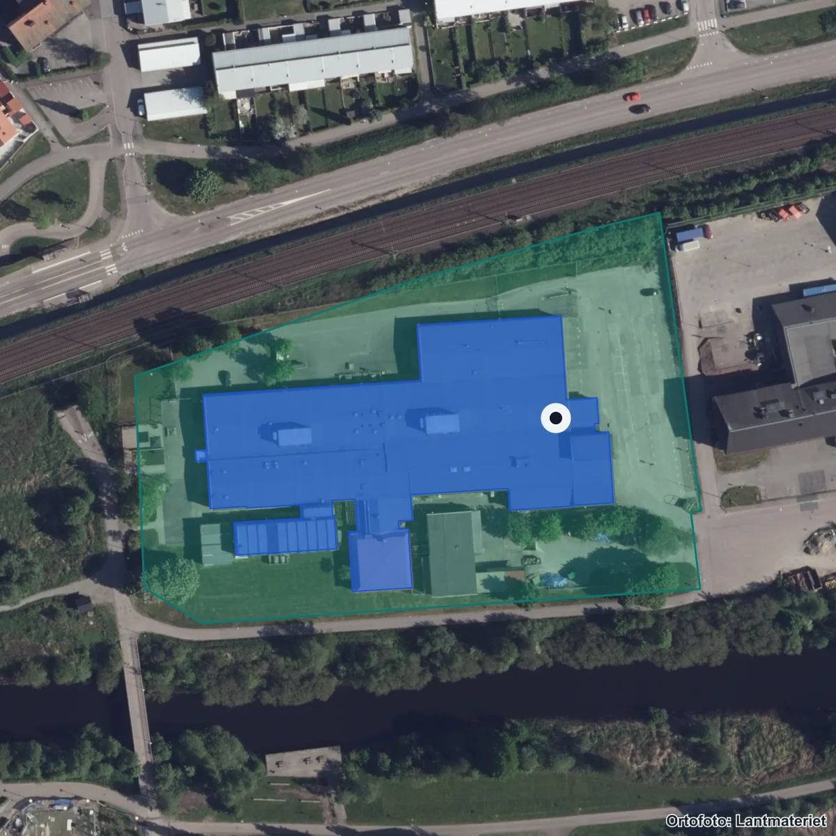 Aerial view of Partille Gymnasium, orthophoto from Lantmäteriet
