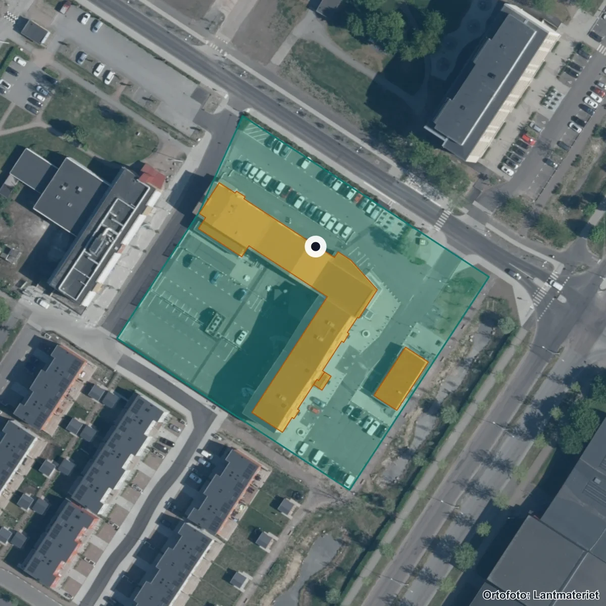 Flygbild över Landskrona School of sports, ortofoto från Lantmäteriet