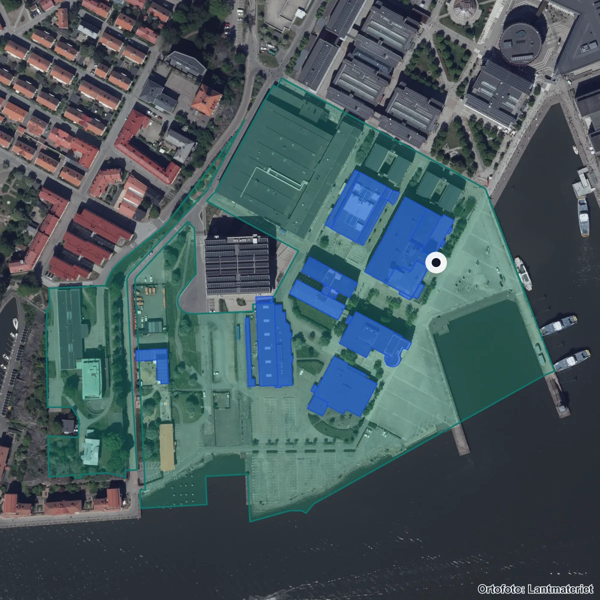 Aerial view of Polhemsgymnasiet, orthophoto from Lantmäteriet