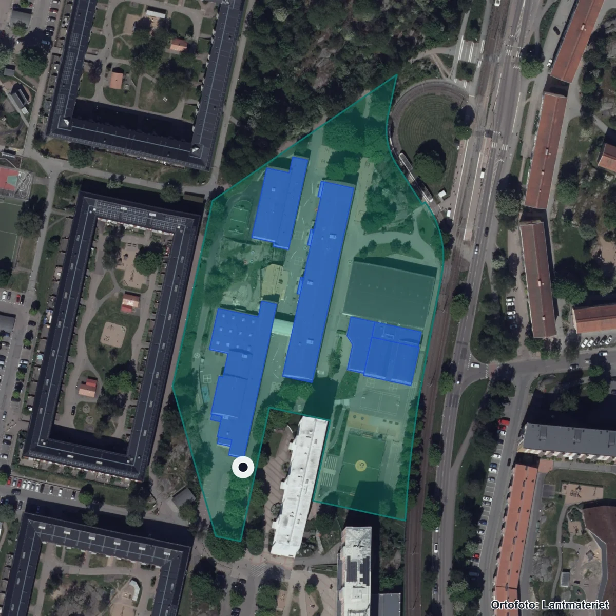 Aerial view of Sjumilaskolan, orthophoto from Lantmäteriet