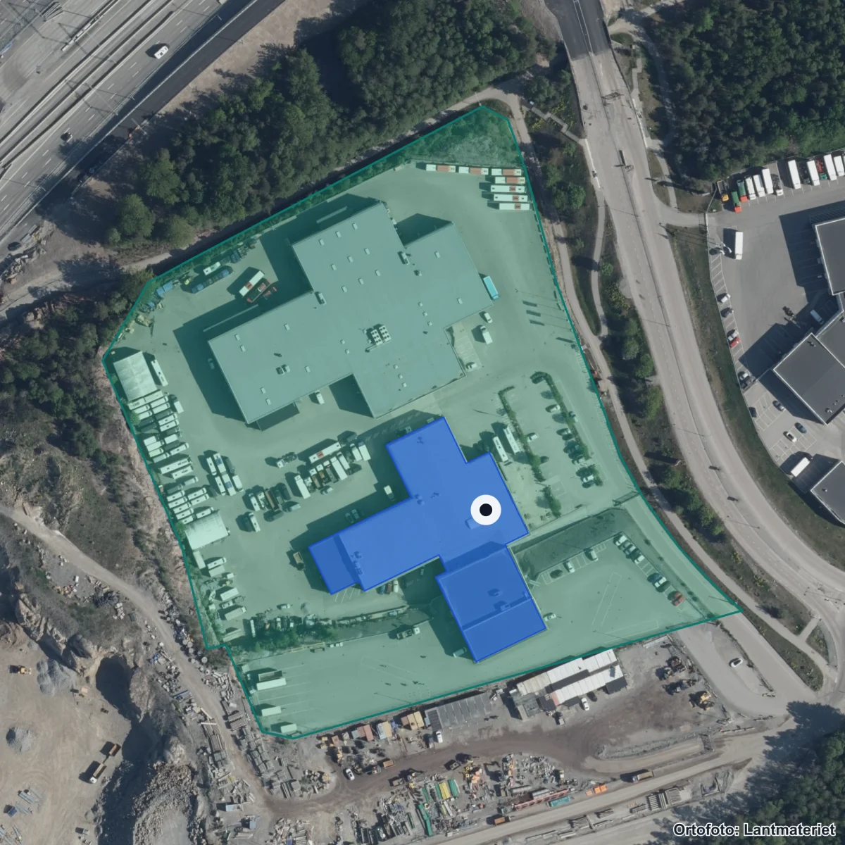 Flygbild över Sthlm Transp&Fordon, ortofoto från Lantmäteriet