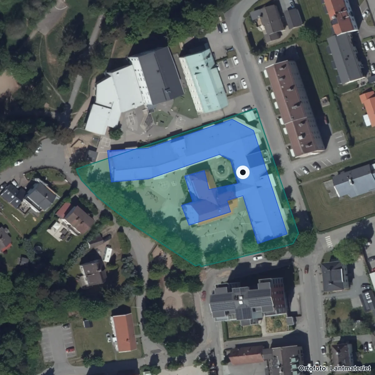 Flygbild över Strömskolan, ortofoto från Lantmäteriet