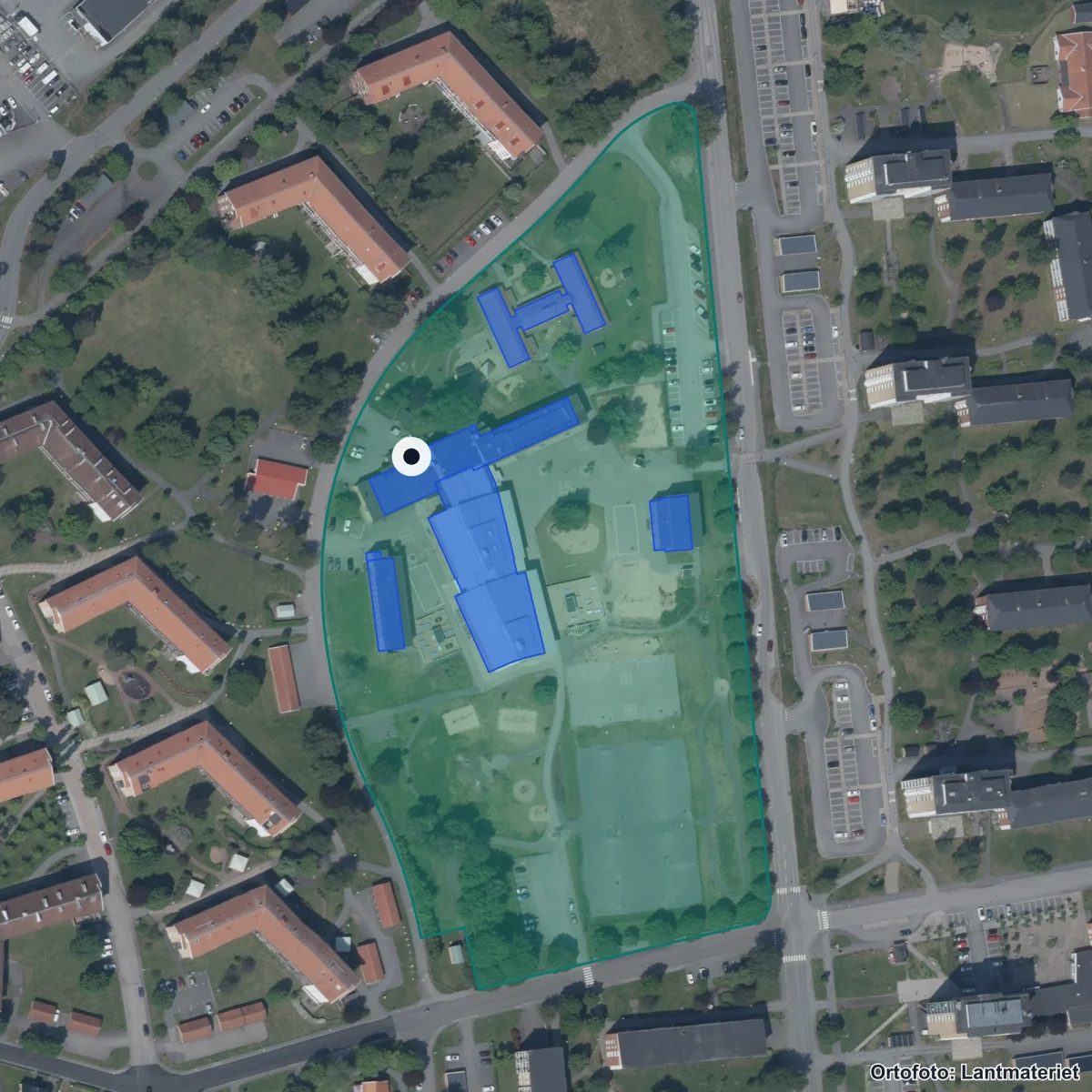 Aerial view of Runnerydsskolan, orthophoto from Lantmäteriet