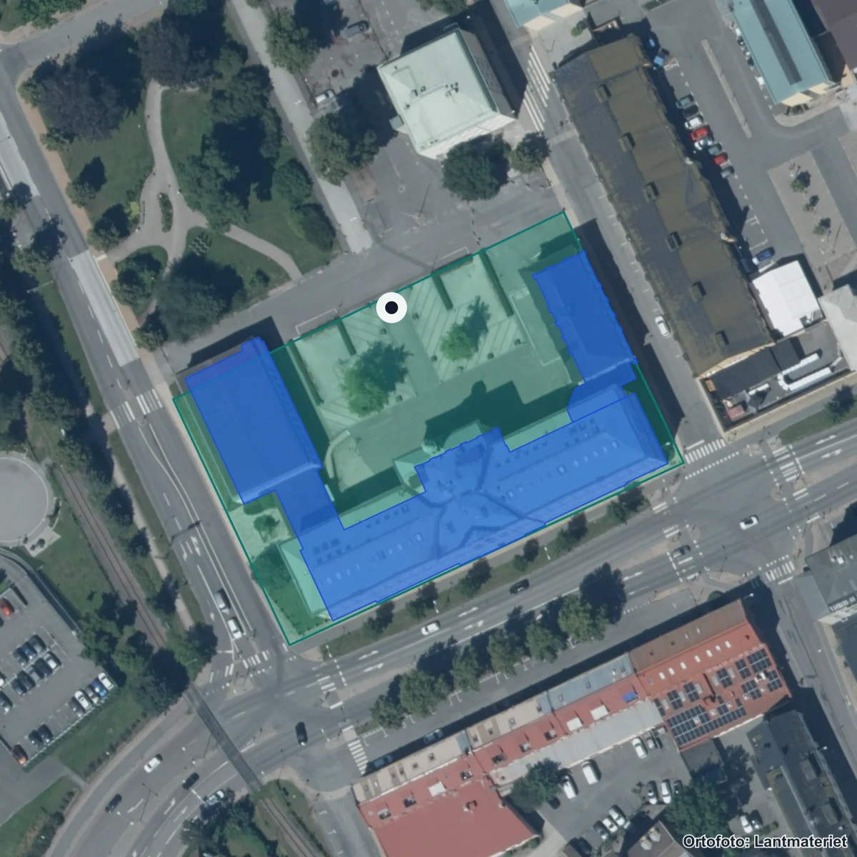 Flygbild över Söderportgymnasiet, ortofoto från Lantmäteriet