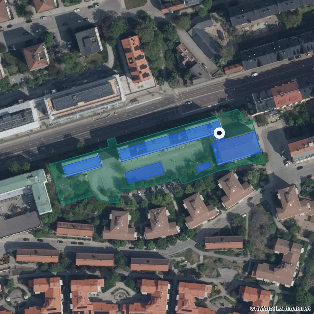 Aerial view of Globala gymnasiet, orthophoto from Lantmäteriet