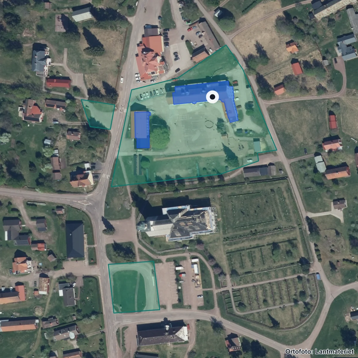 Flygbild över Sollerö skola, ortofoto från Lantmäteriet
