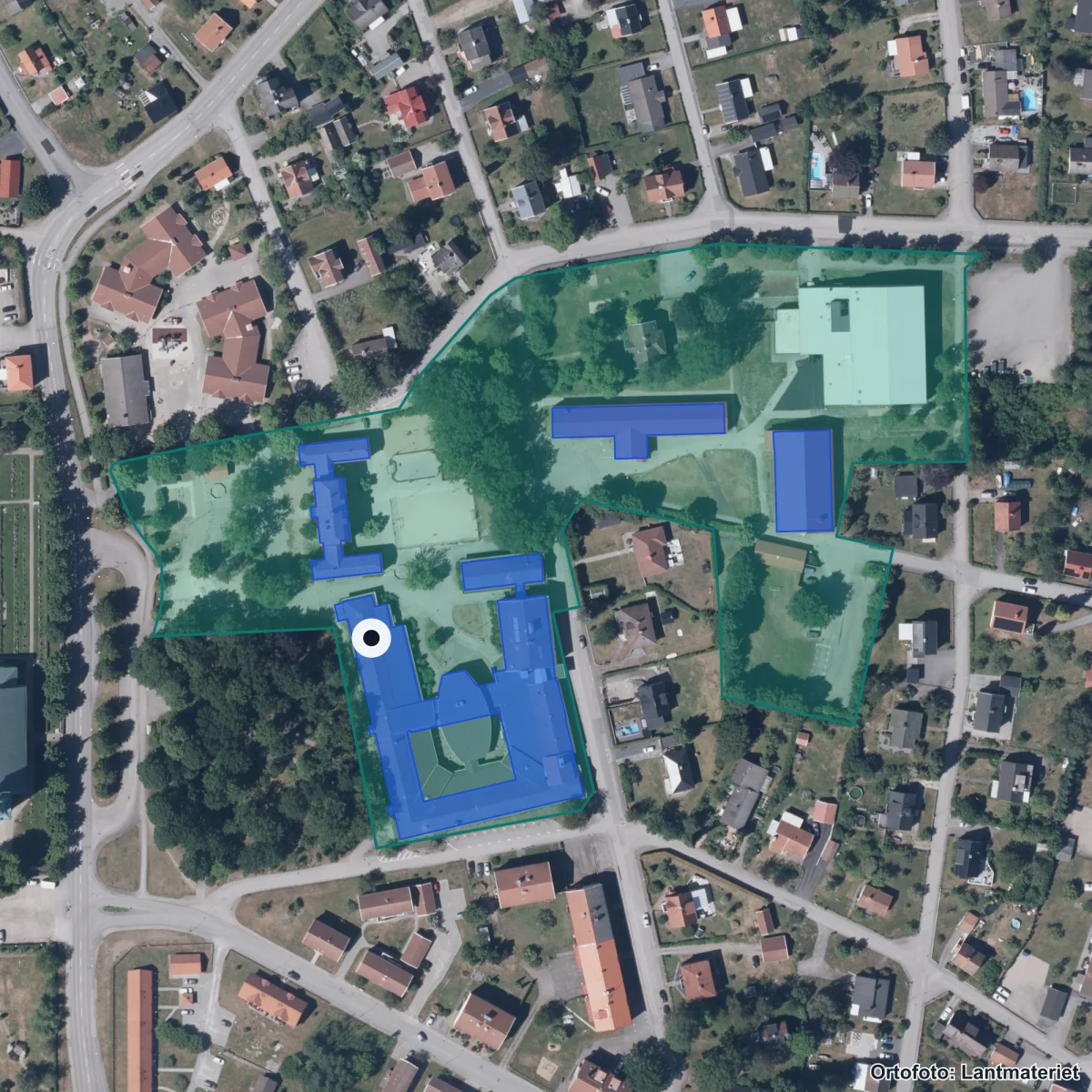 Aerial view of Dackeskolan, orthophoto from Lantmäteriet