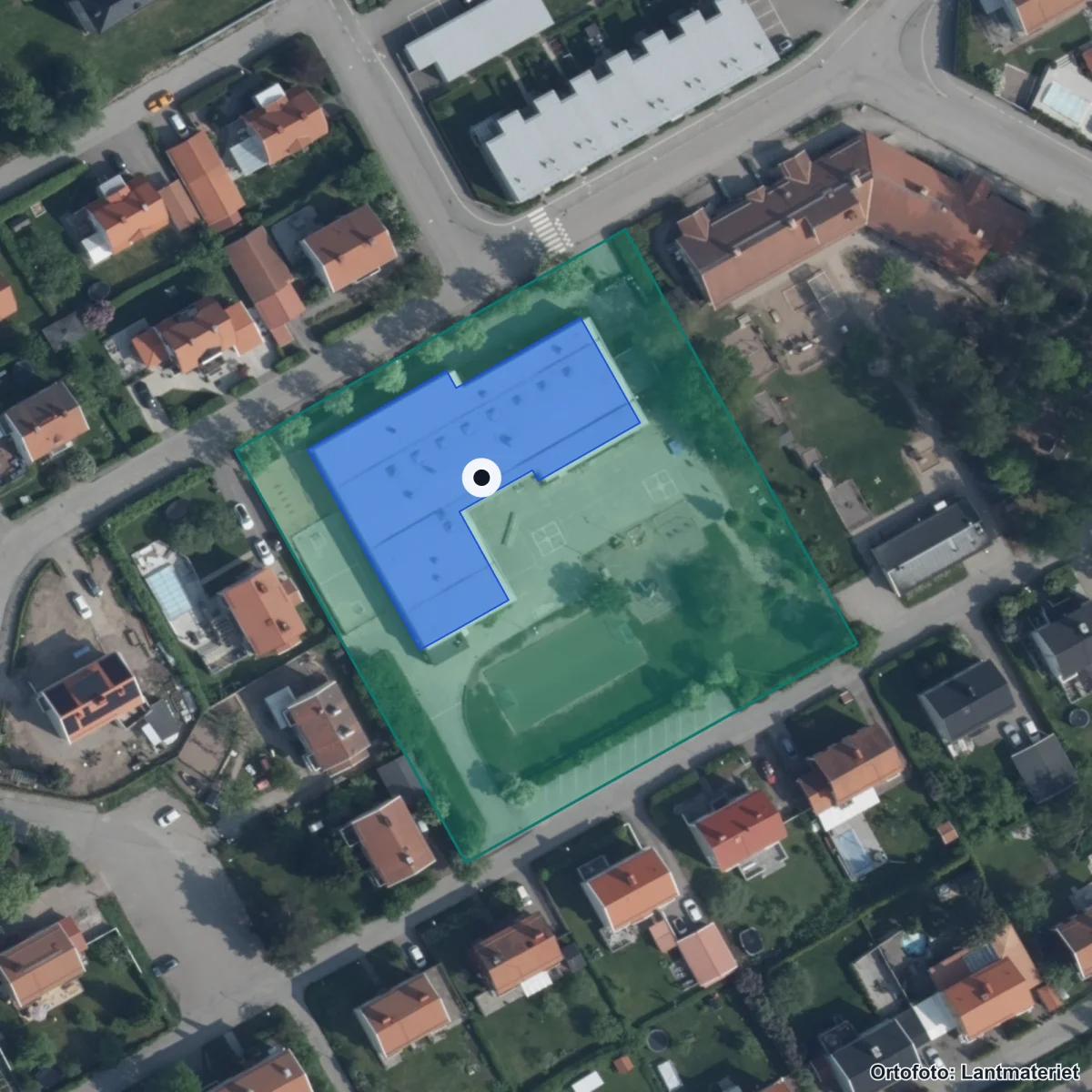 Flygbild över Sofiaskolan, ortofoto från Lantmäteriet
