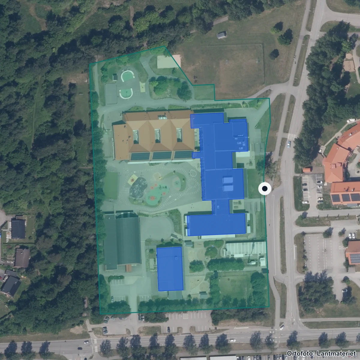 Flygbild över Mariebergskolan, ortofoto från Lantmäteriet