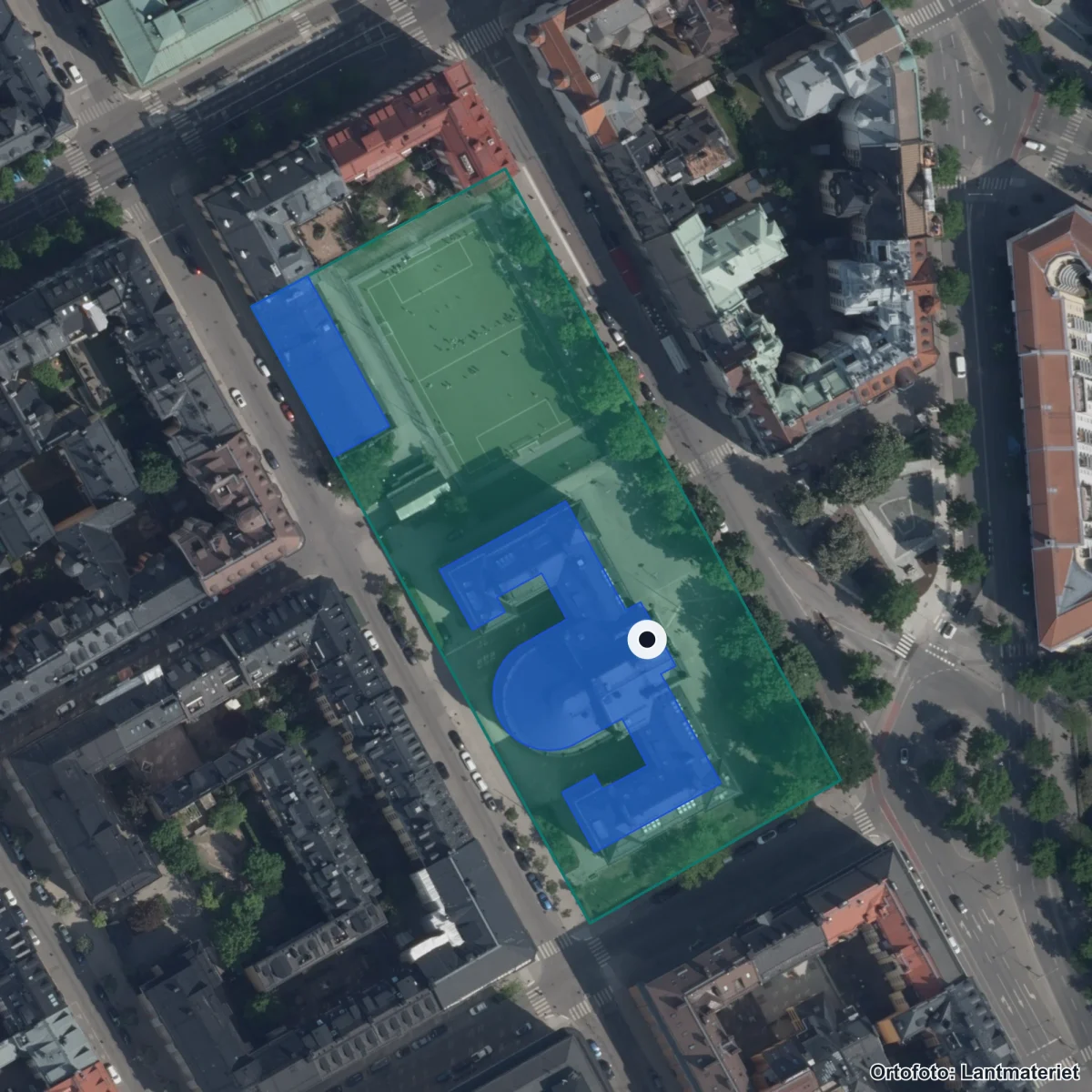 Flygbild över Norra Real, ortofoto från Lantmäteriet