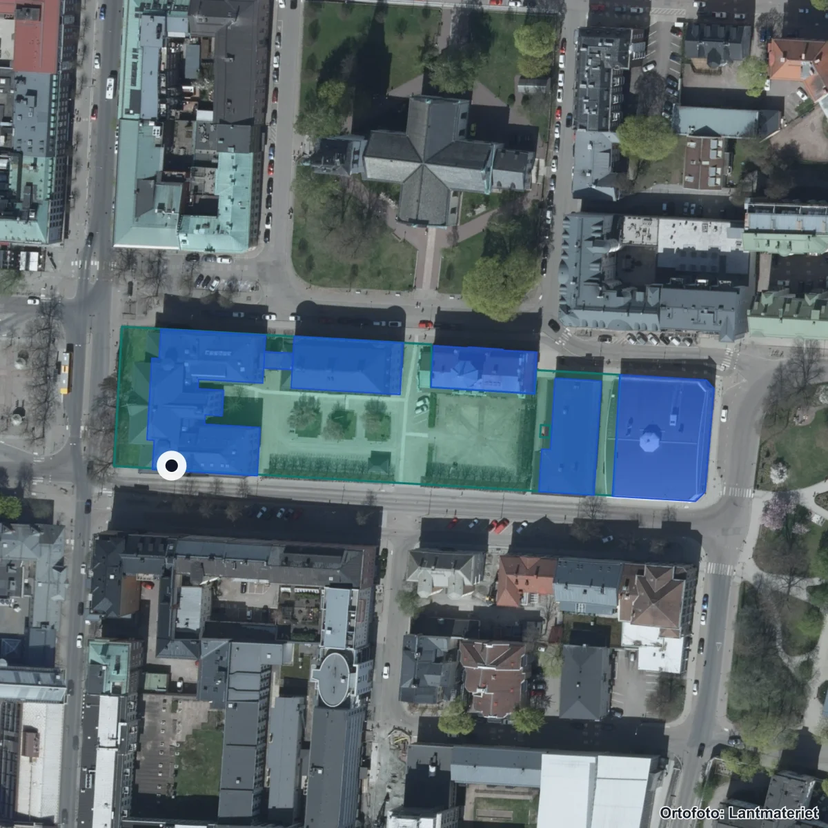 Flygbild över Tingvallagymnasiet, ortofoto från Lantmäteriet