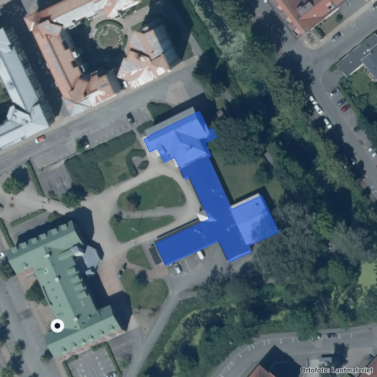 Aerial view of Christian 4s Gymnasium, orthophoto from Lantmäteriet
