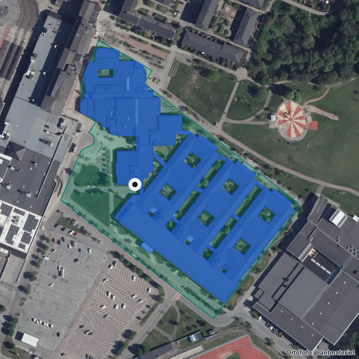 Aerial view of Angeredsgymnasiet, orthophoto from Lantmäteriet