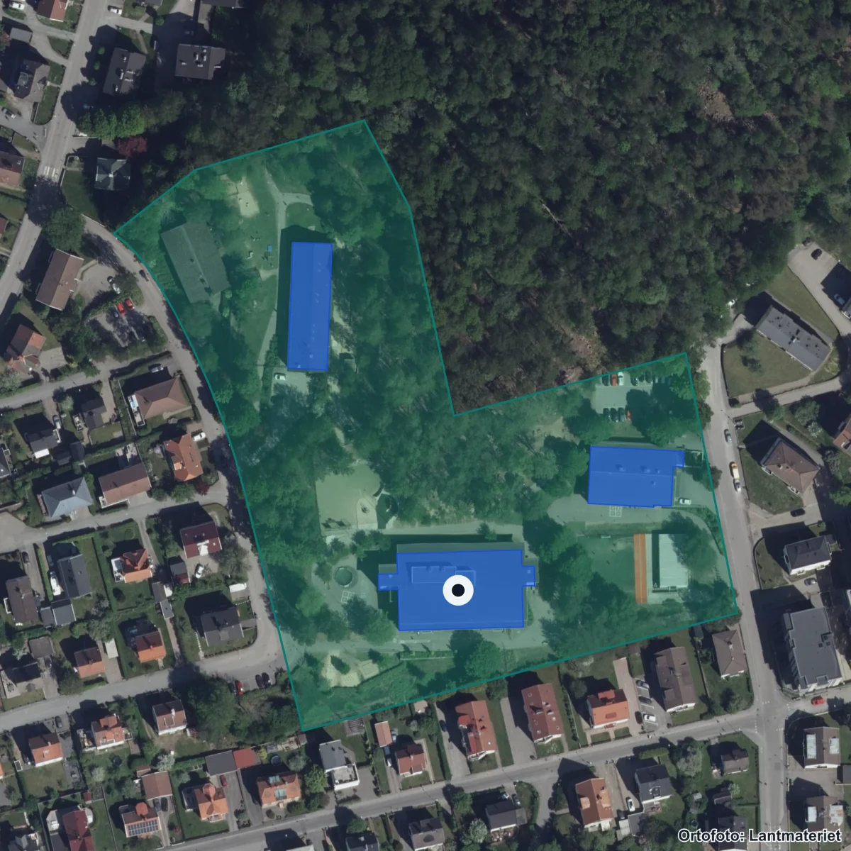 Flygbild över Bergdalskolan, ortofoto från Lantmäteriet