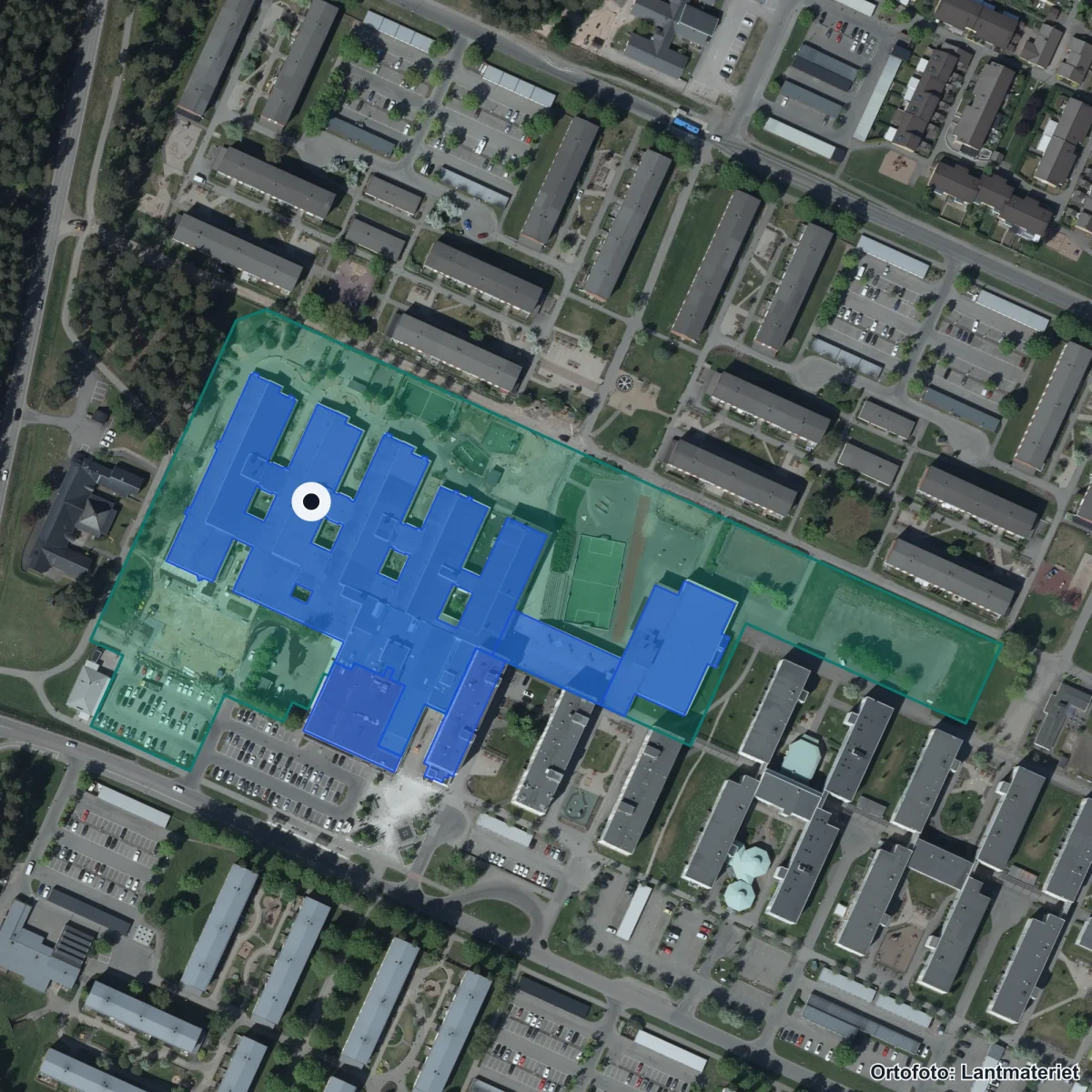 Flygbild över Rydskolan, ortofoto från Lantmäteriet
