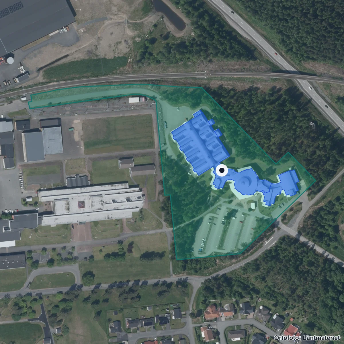 Flygbild över Nässjö Lärcenter, ortofoto från Lantmäteriet