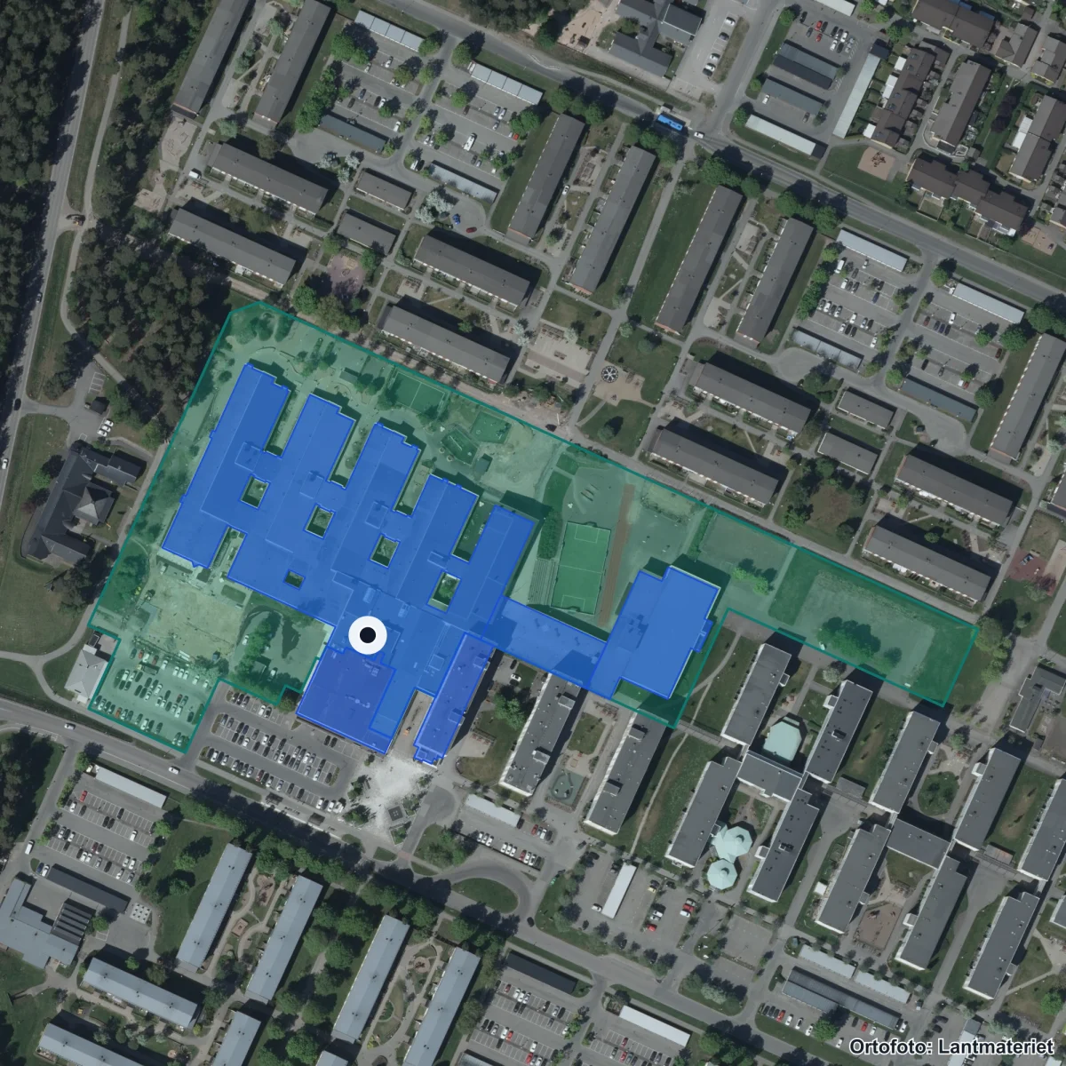 Flygbild över Rydskolan, ortofoto från Lantmäteriet