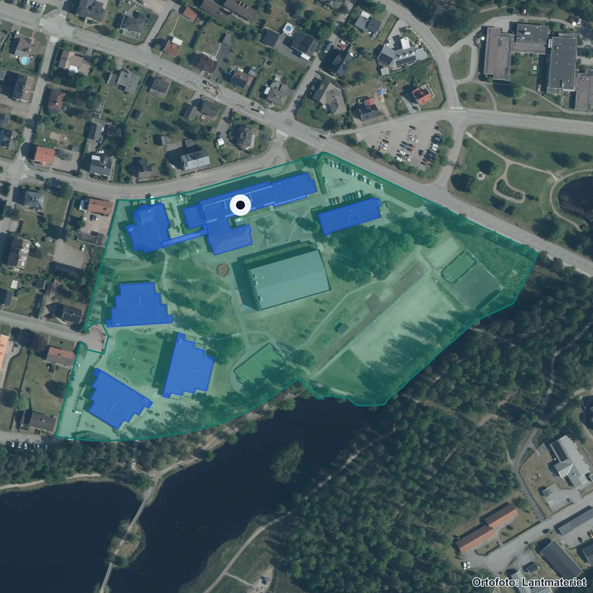 Aerial view of Markaryds skola, orthophoto from Lantmäteriet