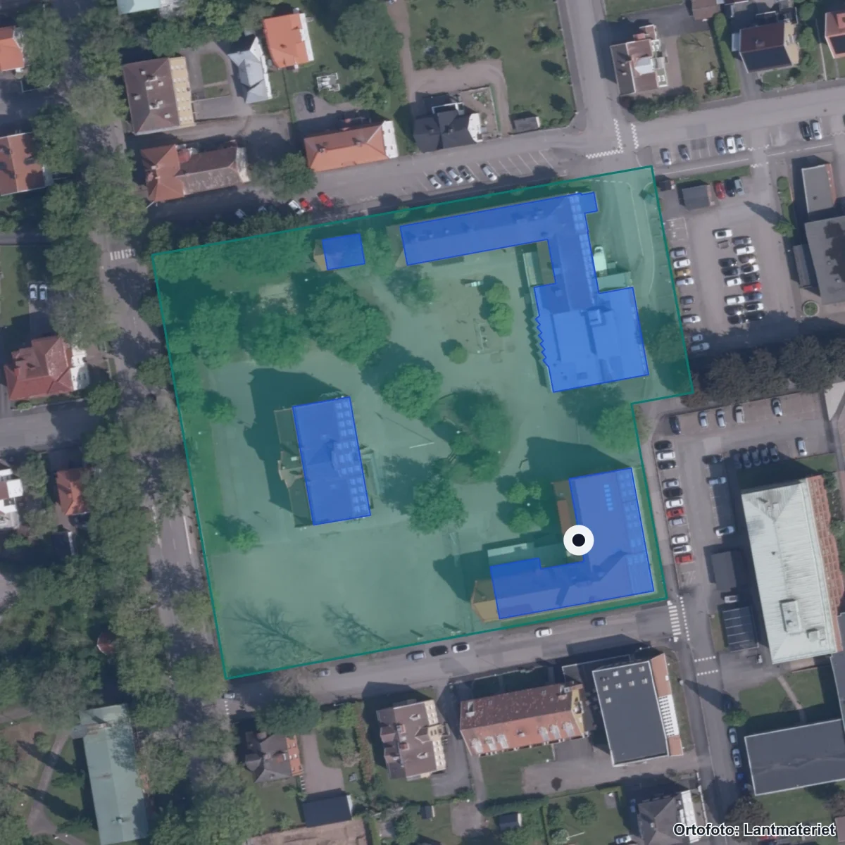 Flygbild över Centralskolan, ortofoto från Lantmäteriet