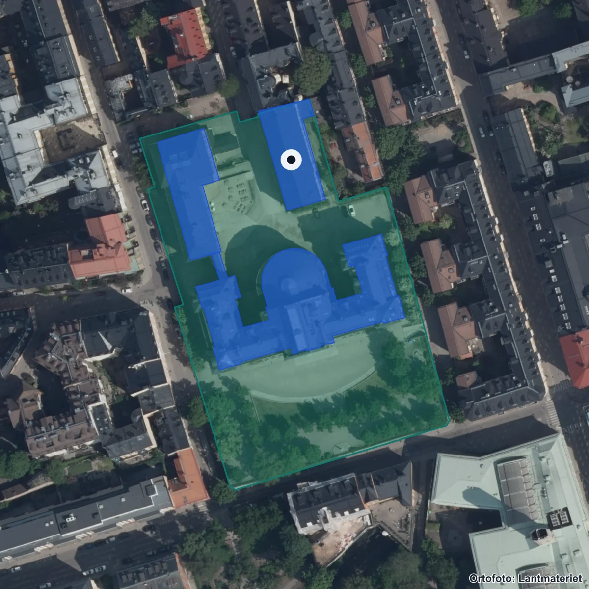 Aerial view of Södra Latins gymnasium, orthophoto from Lantmäteriet