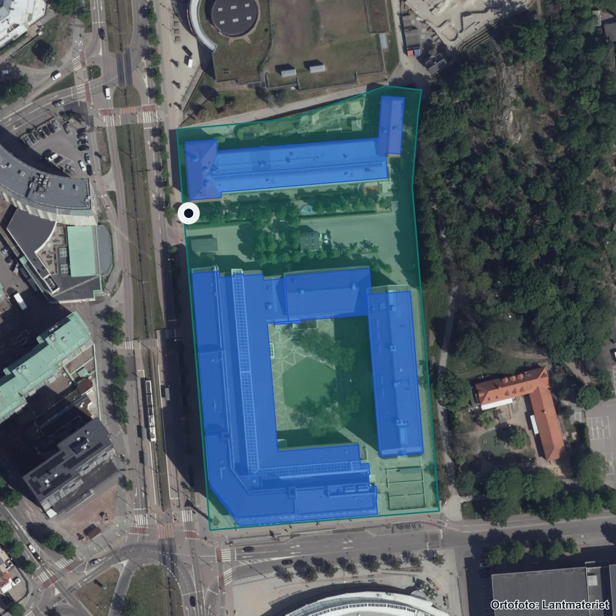 Aerial view of Bernadottegymnasiet, orthophoto from Lantmäteriet