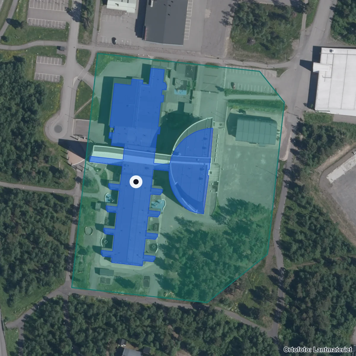 Flygbild över Nya Raketskolan, ortofoto från Lantmäteriet