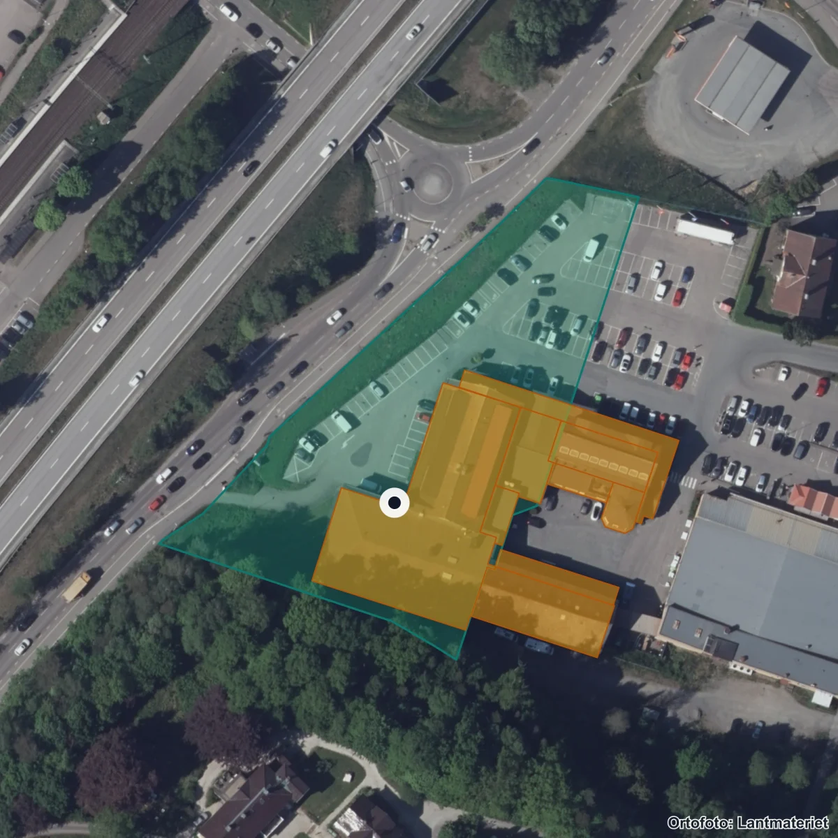 Flygbild över Enheten för flerspråkighet, ortofoto från Lantmäteriet