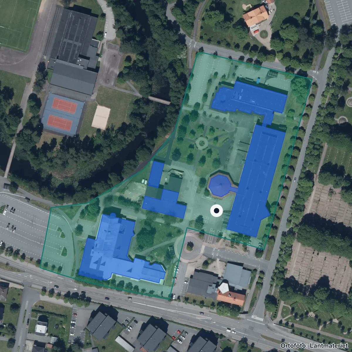 Aerial view of Finnvedens Gymnasium, orthophoto from Lantmäteriet