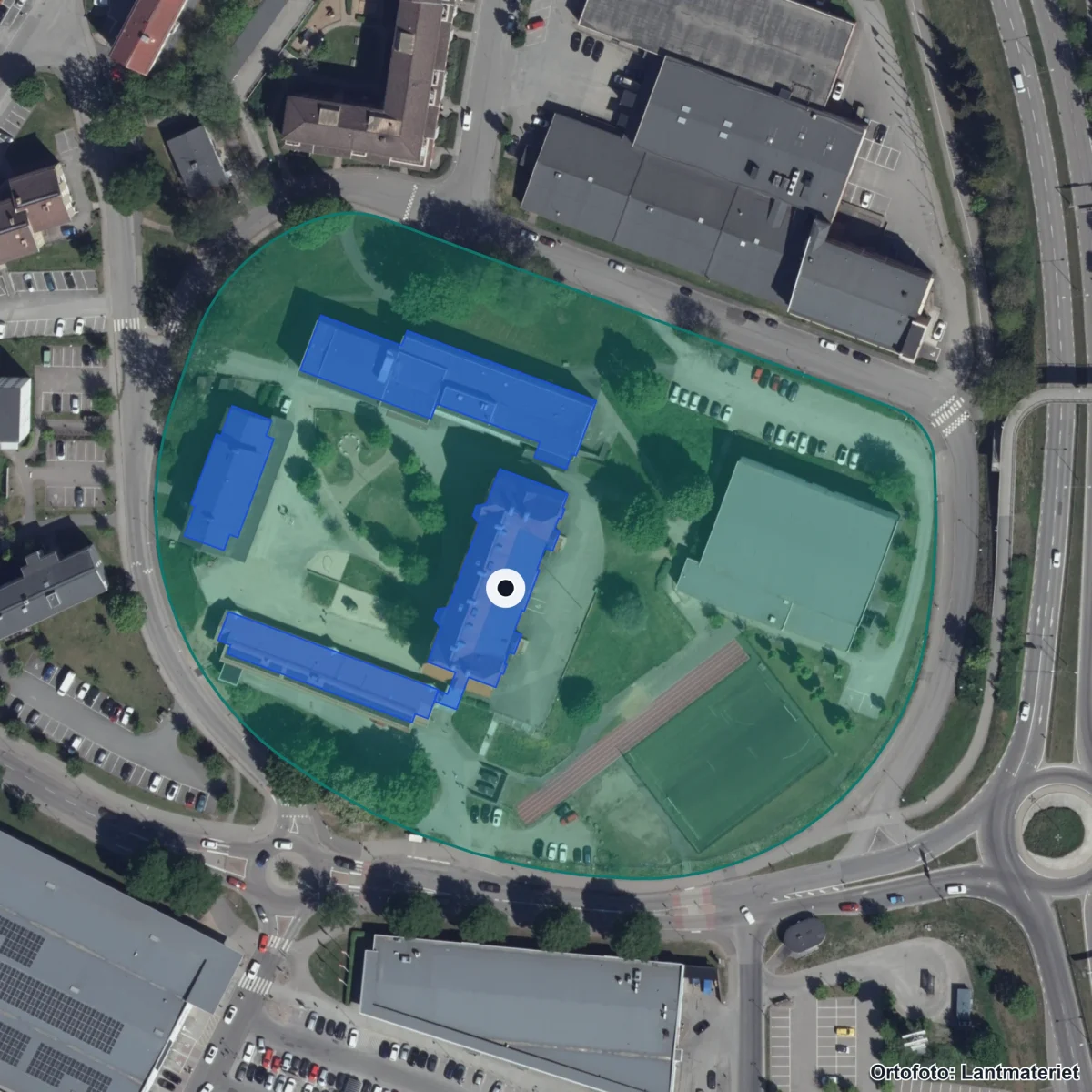 Flygbild över Daltorpskolan, ortofoto från Lantmäteriet