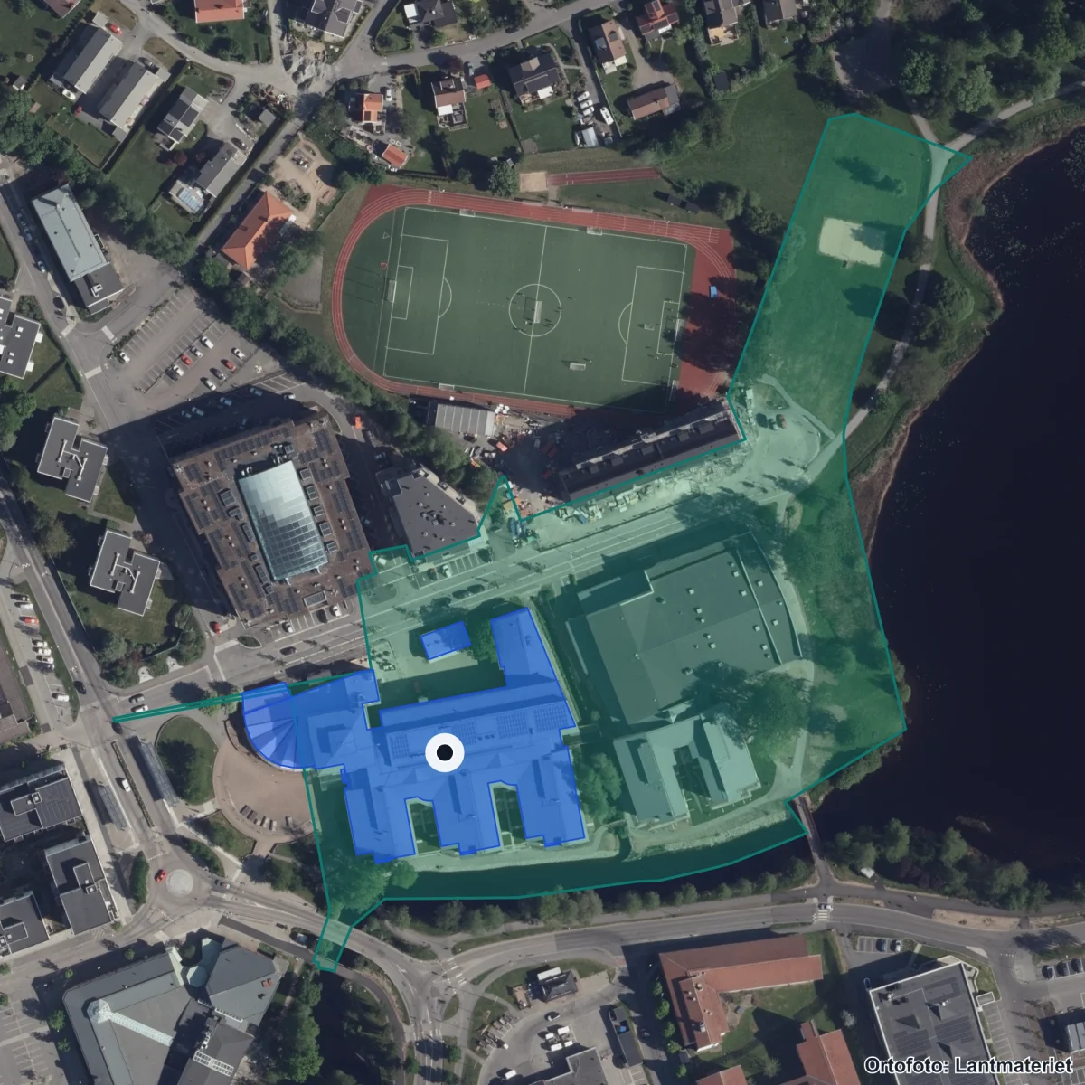 Aerial view of Hulebäcksgymnasiet, orthophoto from Lantmäteriet