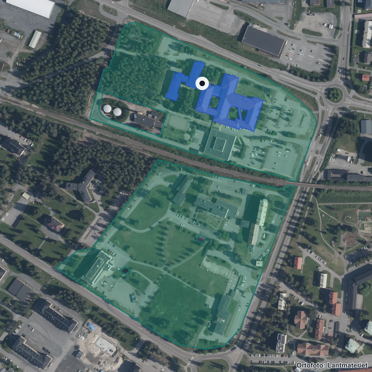 Flygbild över Fria Emilia i Boden, ortofoto från Lantmäteriet