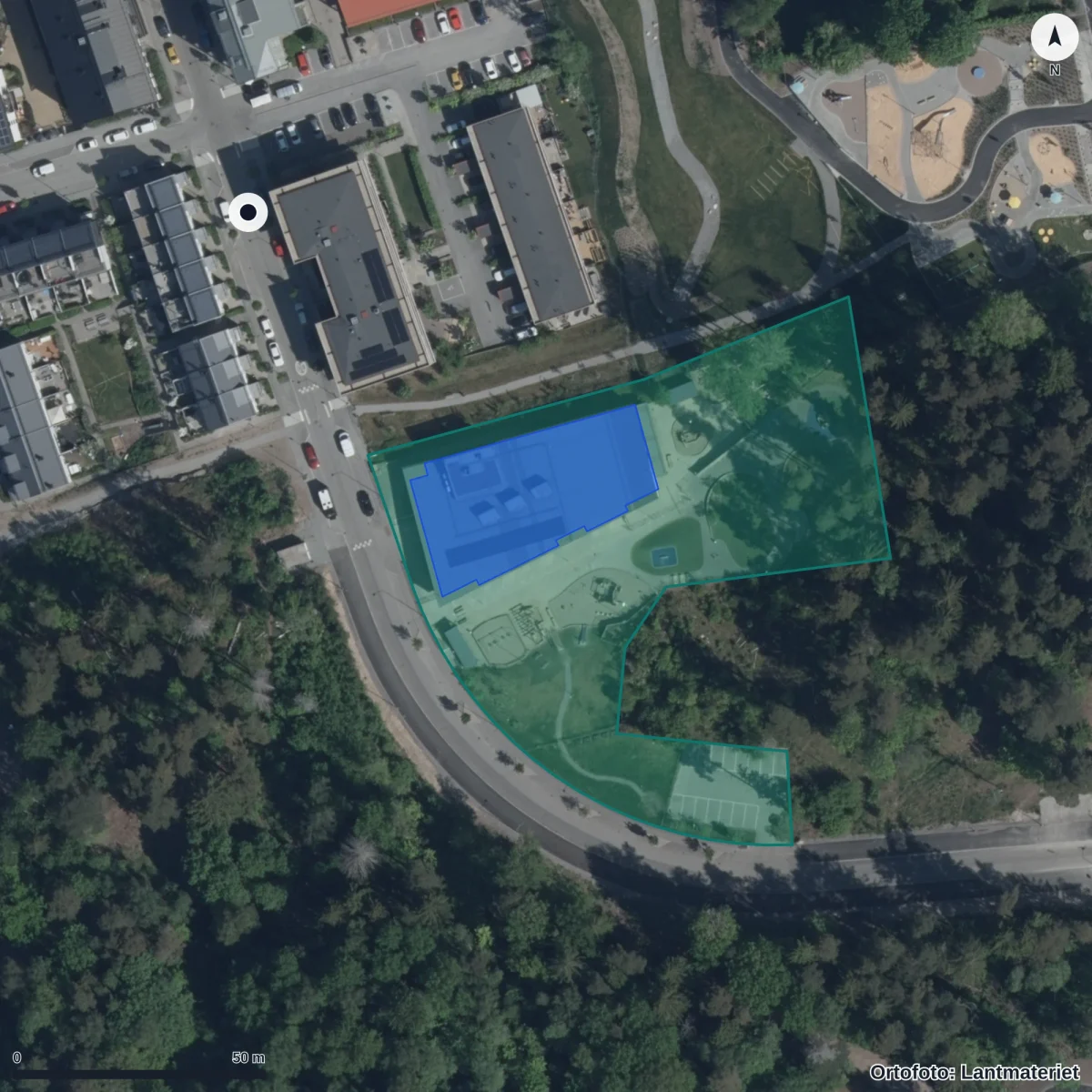 Aerial view of Förskolan Mäster Mikael, orthophoto from Lantmäteriet