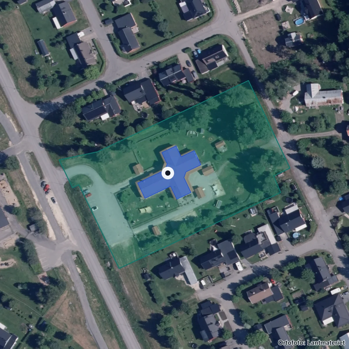 Flygbild över Förskolan Spiran, ortofoto från Lantmäteriet